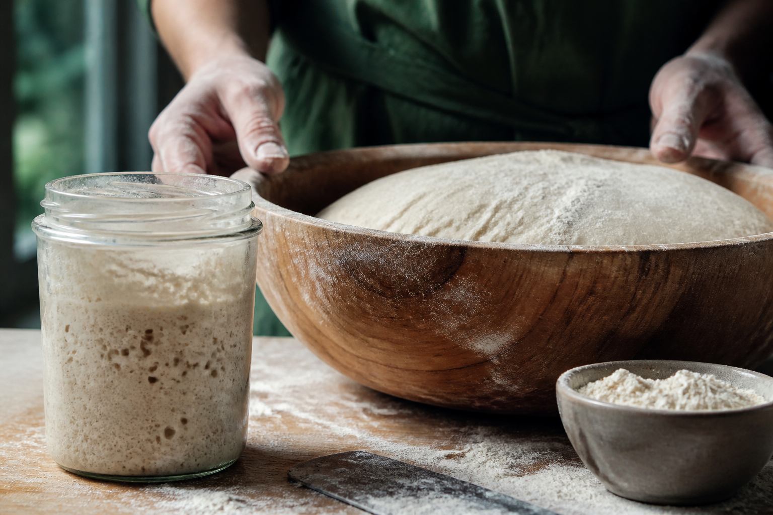 Blubbernder Sauerteig und gärender Teig in Holzschüssel