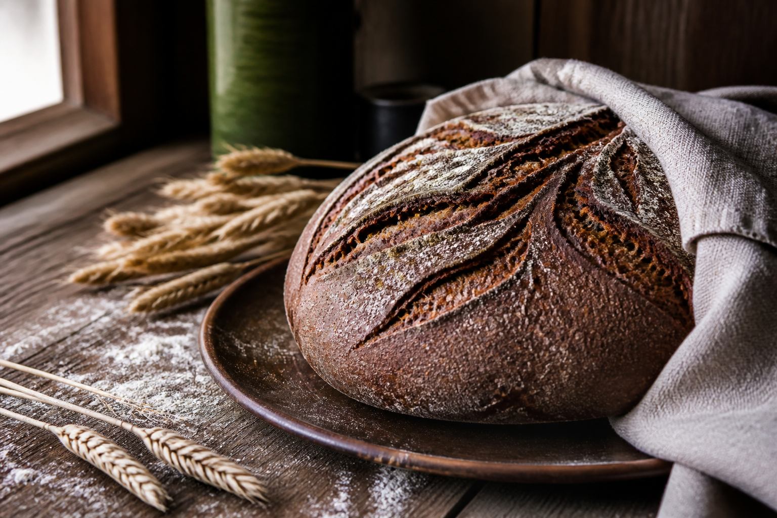 Frisches Roggenbrot auf Holztisch mit Leinentuch und Getreideähren