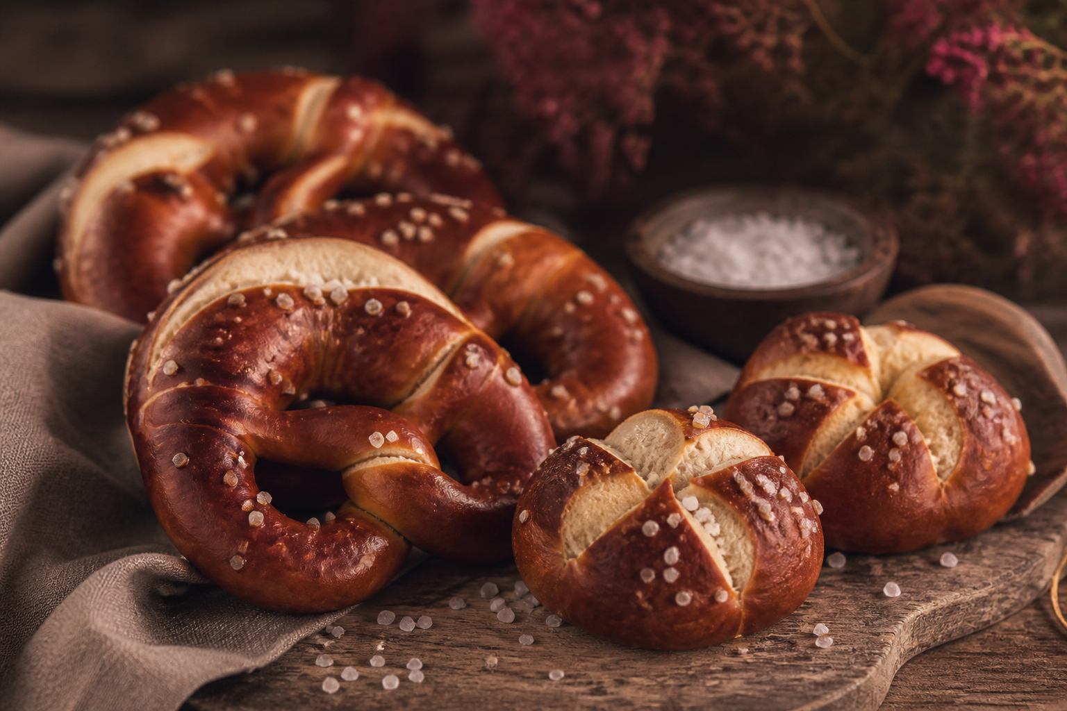 Laugenknoten und regionales Gebäck auf Holztisch