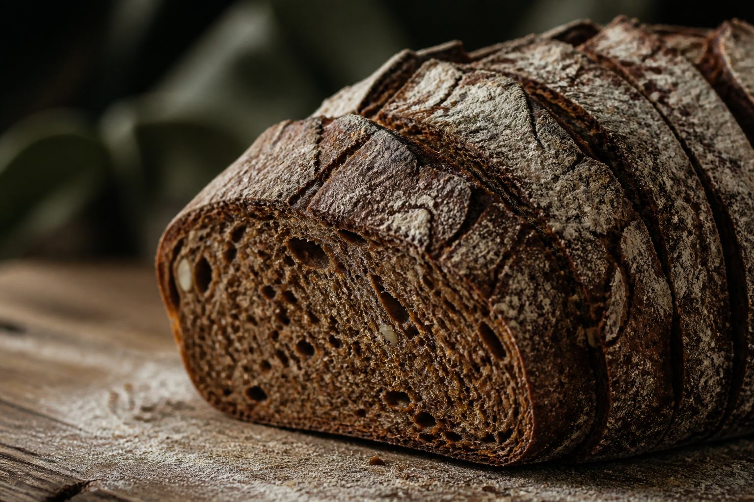 Dunkle Roggenkruste mit Mehlstaub auf Holzbrett