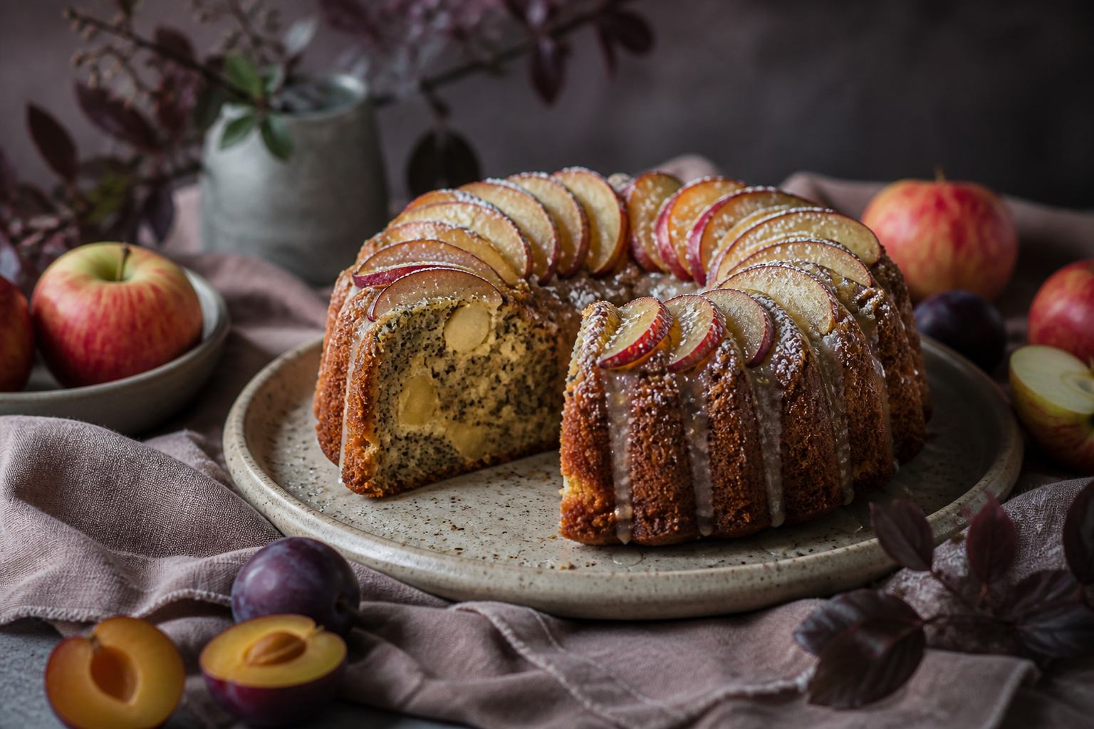 Apfel-Mohn-Kuchen und saisonale Früchte auf Keramik